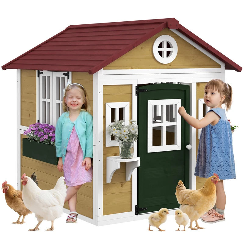 Outsunny Wooden Playhouse for Kids Outdoor Wendy House with Doors, Windows, Plant Pots, Boxes, for 3-8 Years - Beige