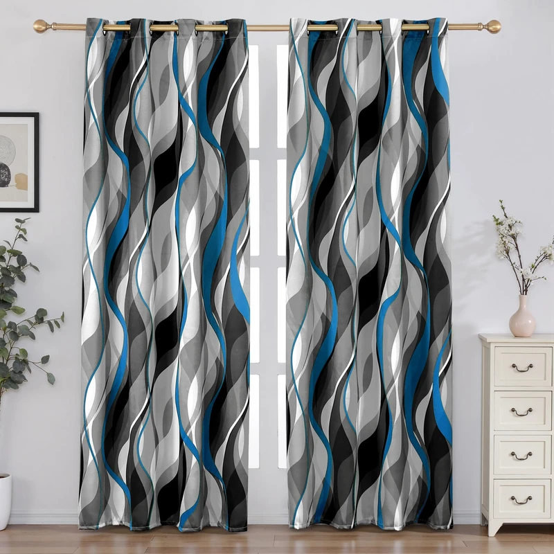 weesire Blue and Grey Blackout Curtains Modern Striped Decorative 100% Light Blocking Darkening Grommet Blue Curtain for Living Room Villa, Bedroom Gray and Blue 2 Panels Set, 52x96 Inches