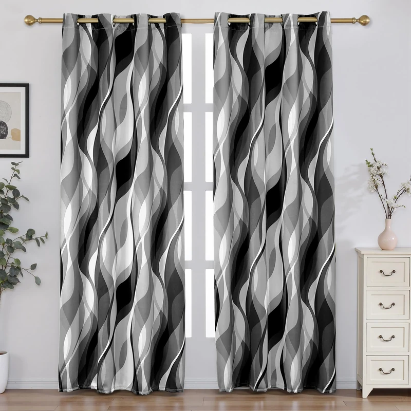 weesire Black and Grey Blackout Curtains Modern Striped Decorative 100% Light Blocking Darkening Grommet Grey Curtain for Living Room Villa, Bedroom Gray and White 2 Panels Set, 52x96 Inches