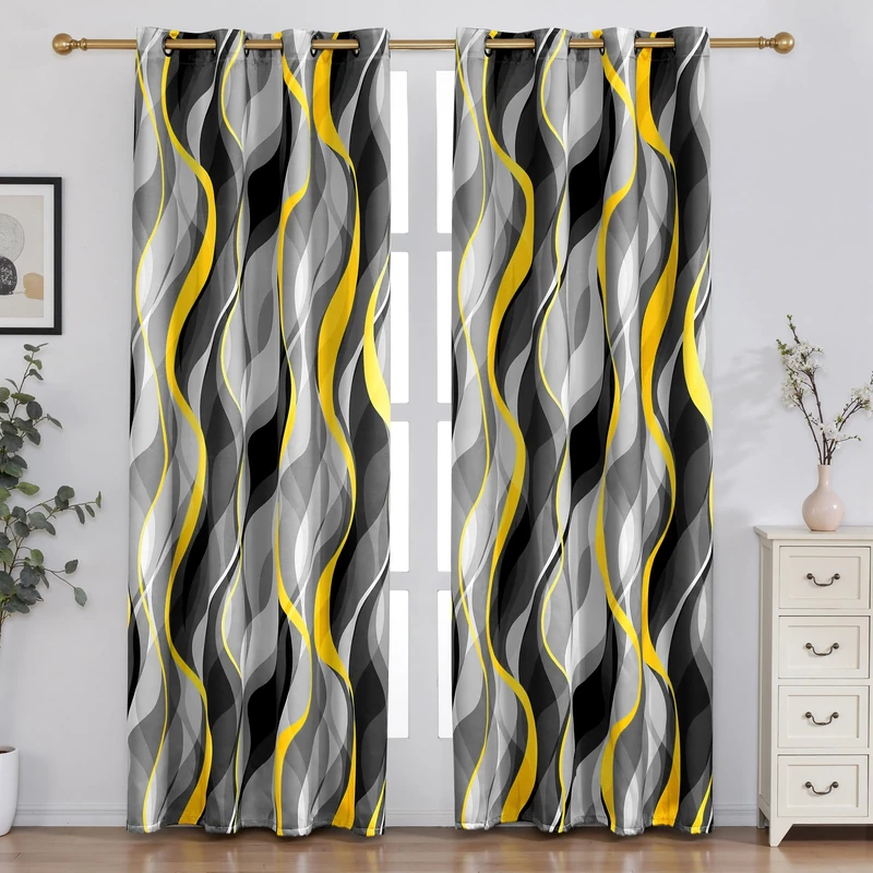 weesire Yellow and Grey Blackout Curtains Modern Striped Decorative 100% Light Blocking Darkening Grommet Yellow Curtain for Living Room Villa, Bedroom Gray and White 2 Panels Set, 52x84 Inches