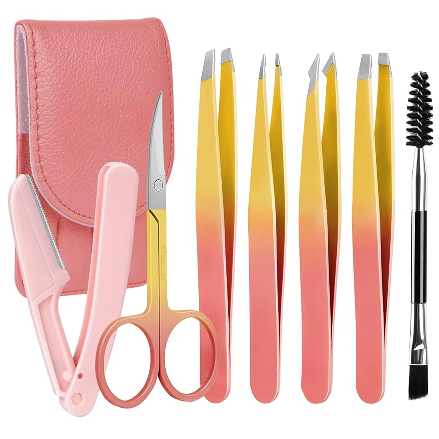 Professional Eyebrow Tweezers (7 Pcs) Precision Tweezers Set with Scissors Razor with Leather Case for Women Men Face Eyebrow Pink