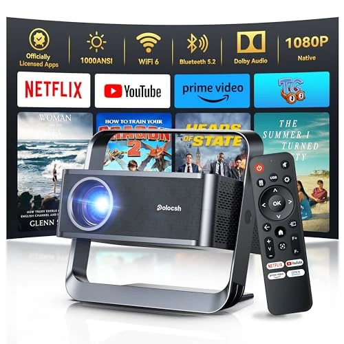 [Native 1080P & Official Licensed Apps] Polocsh 4K Projector with WIFI 6 and Bluetooth, 1000ANSI Smart Projector with Auto Keystone Protable Projectors Home Movie Outdoor Mini Proyector