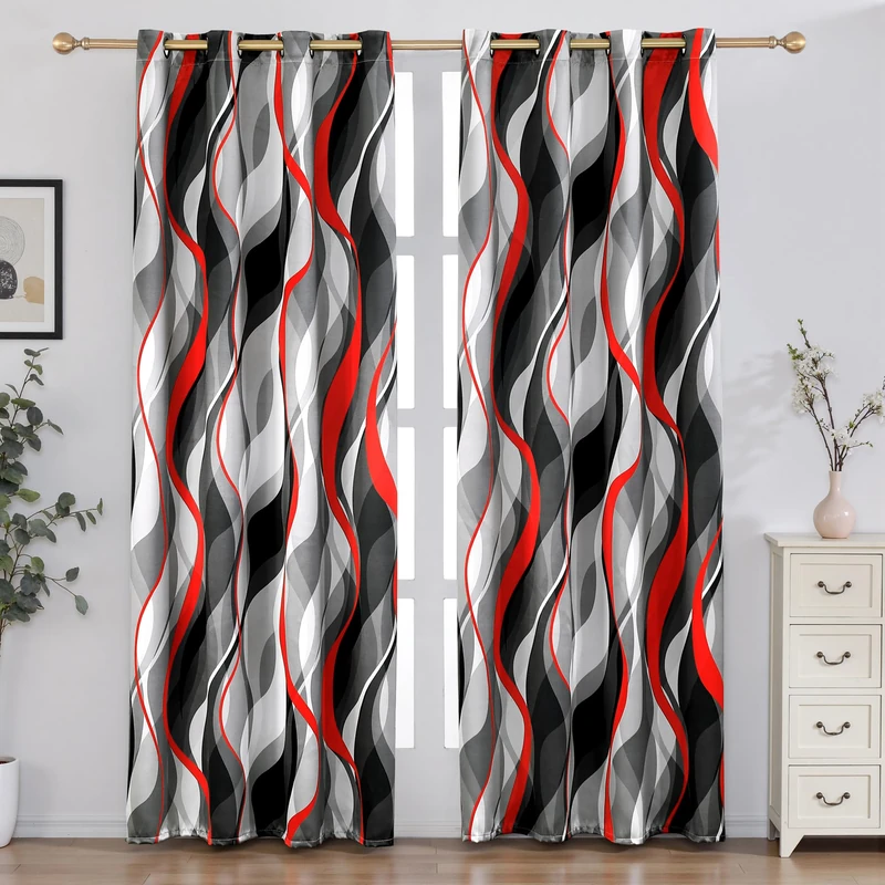 weesire Red and Grey Blackout Curtains Modern Striped Decorative 100% Light Blocking Darkening Grommet Red Curtain for Living Room Villa, Bedroom Gray and Red 2 Panels Set, 52x84 Inches