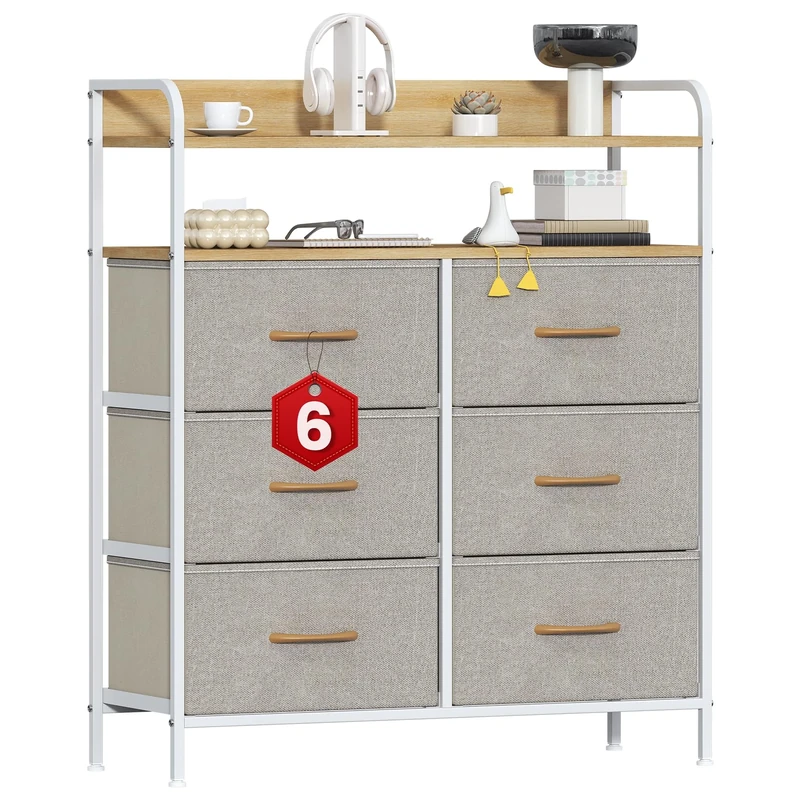 GoaHi Chest Of Drawers With 6 Drawers,Fabric Storage Tower for Bedroom,Fabric Dresser With Double Wooden Top,Dresser For Bedroom,Storage Organizer,Beige