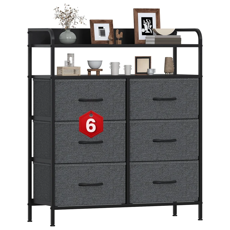 GoaHi Chest of Drawers, Dresser for Bedroom with 6 Fabric Drawers, Tall Storage Organizer Unit with 2 Layers Shelf for Bedrooms,Living Rooms, Sturdy Storage Dresser, Deep Gray