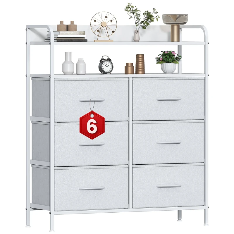 GoaHi Chest of Drawers, Dresser for Bedroom with 6 Fabric Drawers, Tall Storage Organizer Unit with 2 Layers Shelf for Bedrooms,Living Rooms, Sturdy Storage Dresser, White