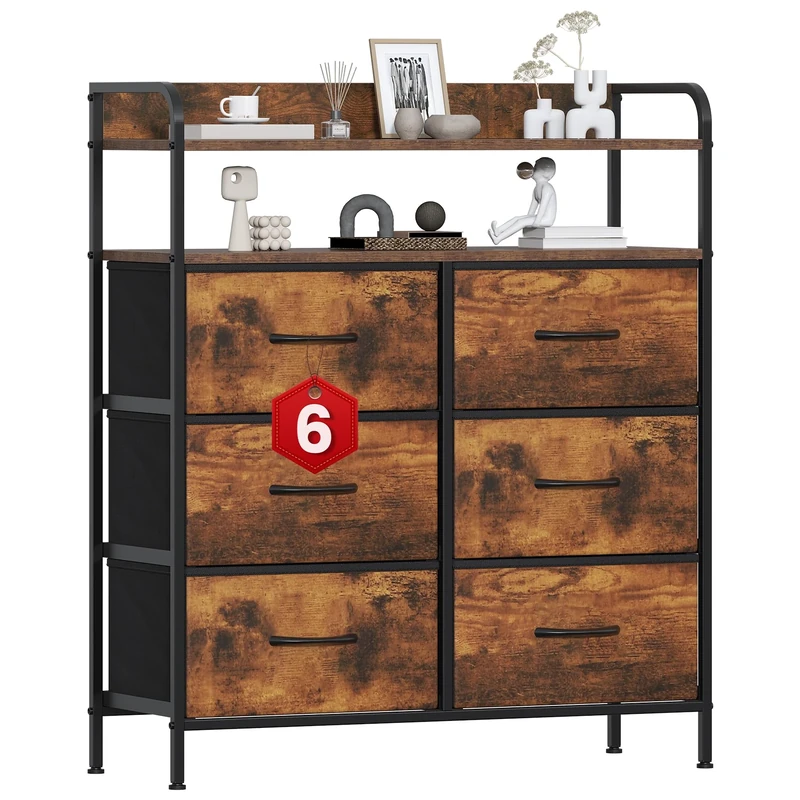 GoaHi Chest of Drawers, Dresser for Bedroom with 6 Fabric Drawers, Tall Storage Organizer Unit with 2 Layers Shelf for Bedrooms,Living Rooms, Sturdy Storage Dresser, Rustic Brown