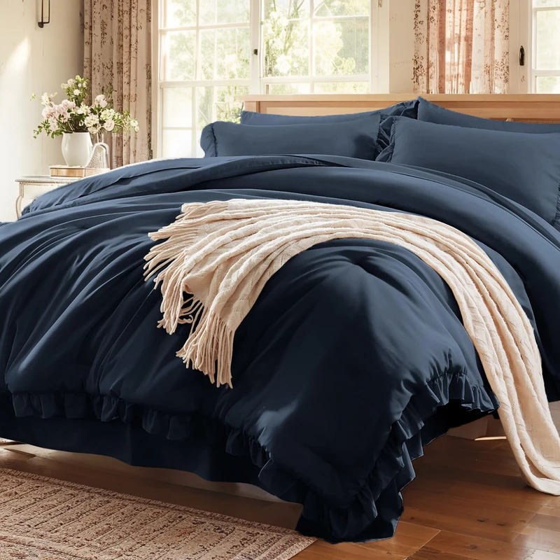 Anluoer Queen Comforter Set 7 Piece, Ruffle Bed in a Bag Queen Bedding Sets