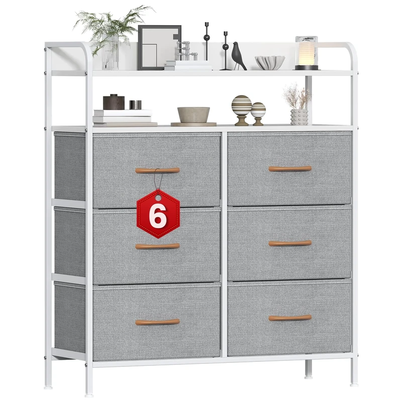 GoaHi Chest of Drawers, Dresser for Bedroom with 6 Fabric Drawers, Tall Storage Organizer Unit with 2 Layers Shelf for Bedrooms,Living Rooms, Sturdy Storage Dresser, Light Grey