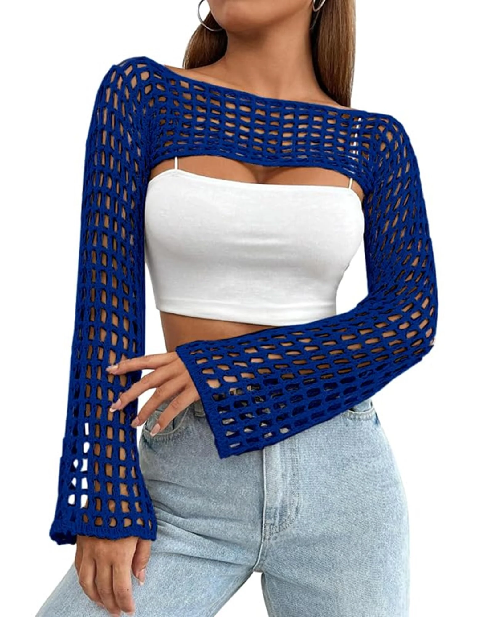 CAMNOW Womens Crochet Crop Tops Y2k Knit Shrug Sweater Hollow Out Long Sleeve Bikini See Through Cover Ups, Dark Blue, Small