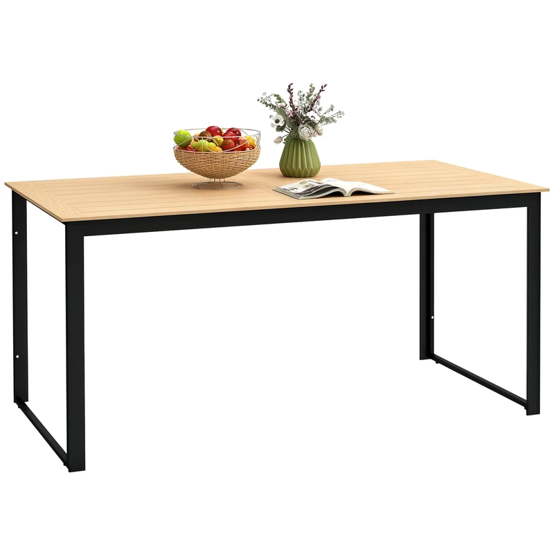 Outsunny Garden Table for 6 People, 160 x 80 x 75 cm Rectangle Outdoor Dining Table with Slatted Top, Metal Frame, for Balcony, Deck, Teak