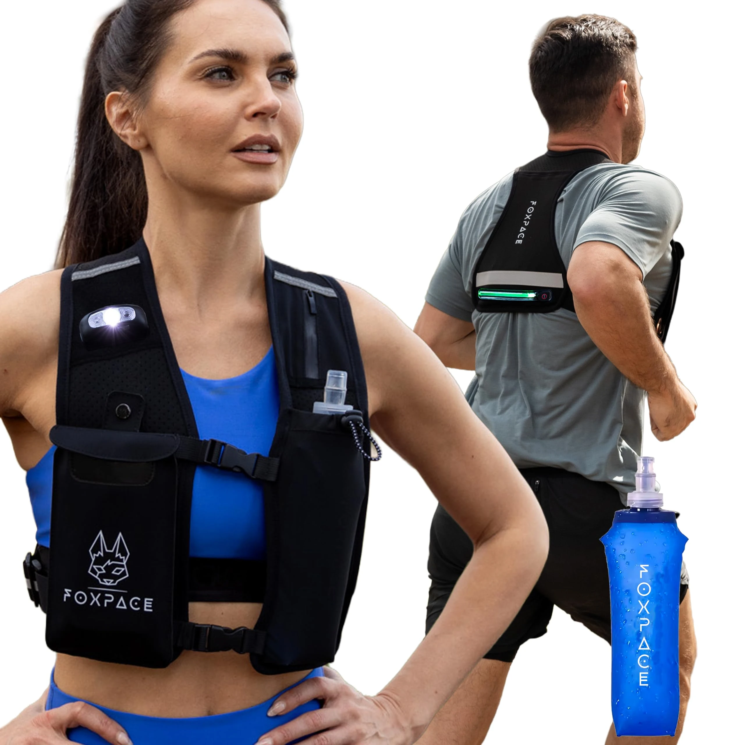 Running Vest for Women Men - Hydration Vest Water Bottle - Breathable Adjustable Backpack for Hiking Marathon - Waterproof Phone Pocket - Reflective Lights Up Rechargable Vest for Night Running