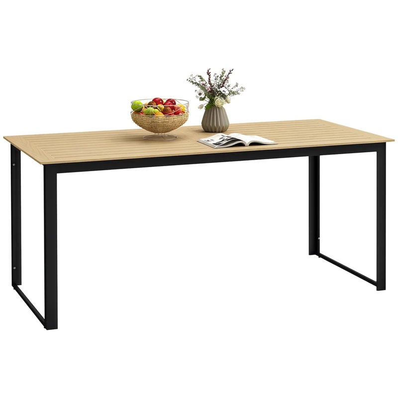 Outsunny Garden Table for 6 People, 175 x 78 x 75 cm Rectangle Outdoor Dining Table with Slatted Top, Metal Frame, for Balcony, Deck, Teak