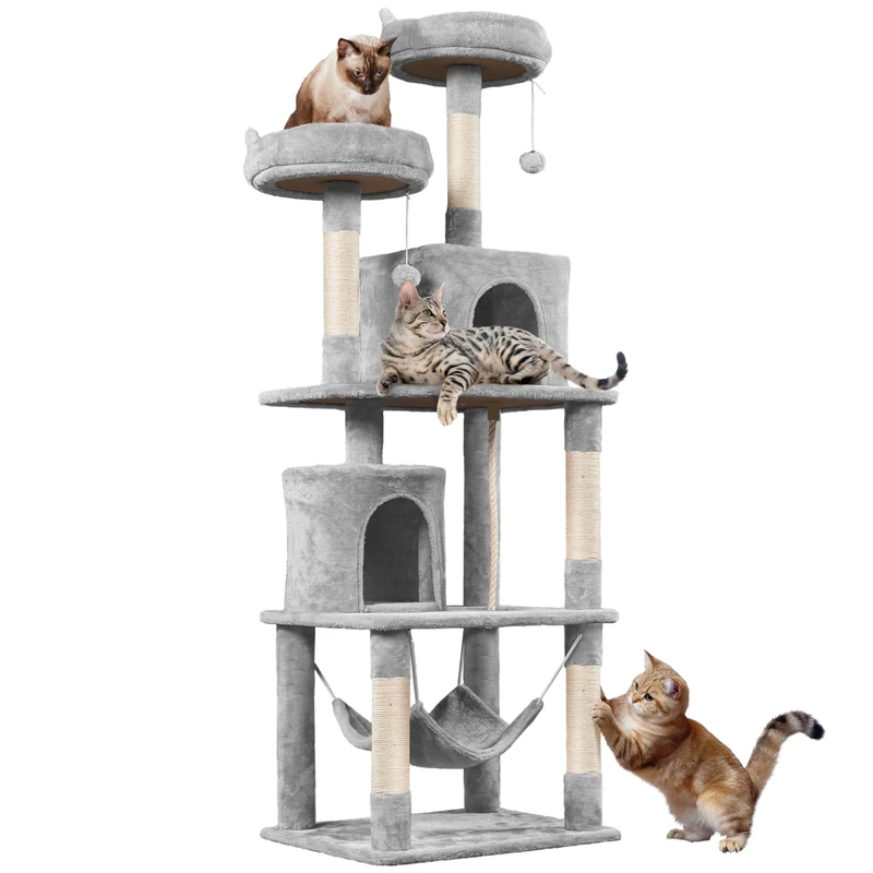 Yaheetech 179cm Cat Tree Multi-level Cat Tower Large Climbing Scratching Posts with Condos/Perches/Hammock Broad-space Kitten Activity Centre, Light Grey