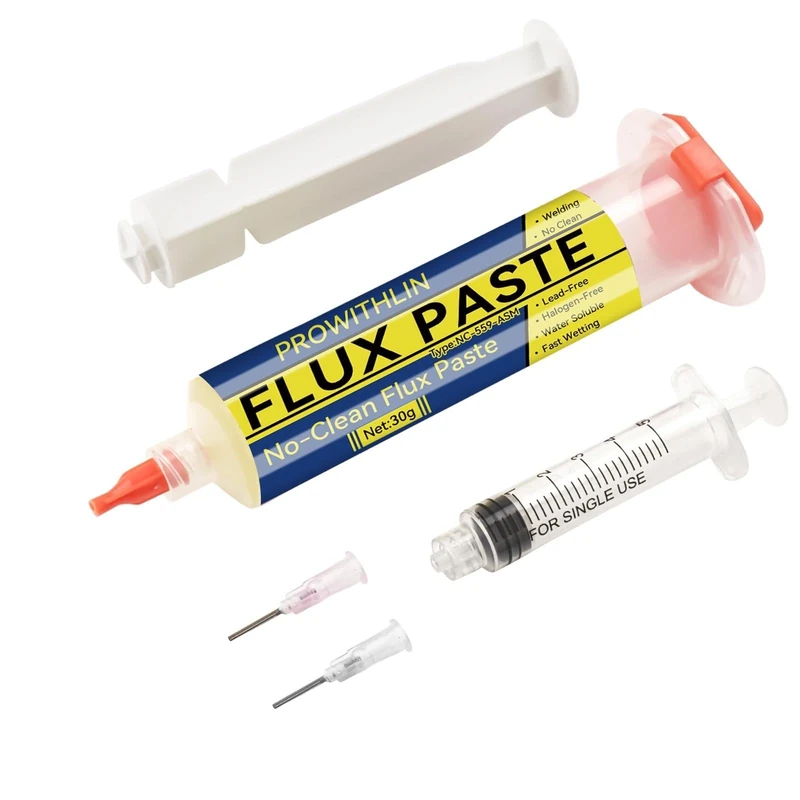 prowithlin Solder Flux, 2pack Soldering Flux with 2 Needles, 1 Pusher, 1 Syringe - 60g No Clean Flux Soldering Paste for BGA/IC/CPU/PCB/SMD Repair and DIY Projects (1 Pack)