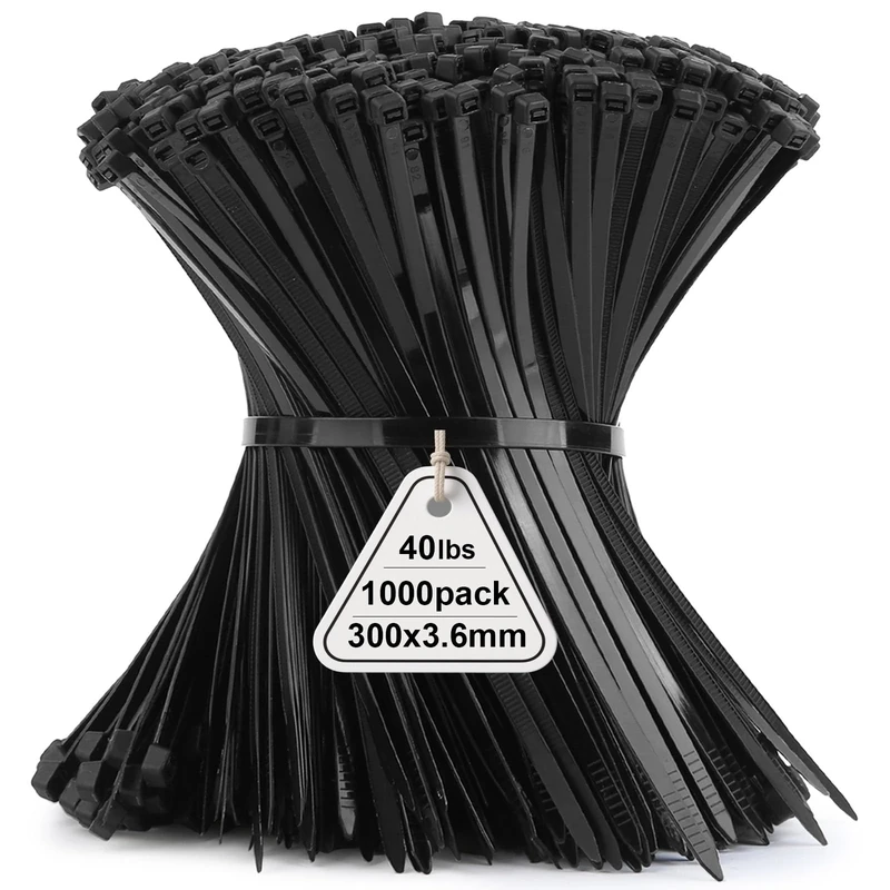 Viuxule Cable Ties 1000 Pack, 12 inch Nylon Zip Ties Black, 300 x 3.6mm Industrial Tie Wraps Tensile Strength 40 lbs, Self-Locking Zip Ties with UV-Resistant for Gardening, Office, Workshop, Outdoor