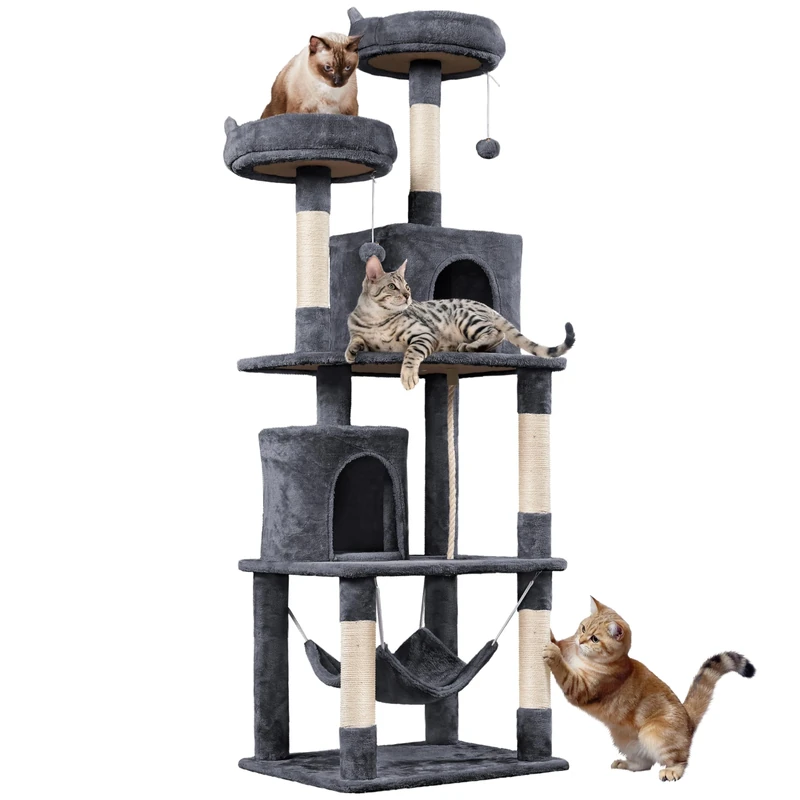 Yaheetech 179cm Cat Tree Multi-Level Cat Tower Large Climbing Scratching Posts with Condos/Perches/Hammock Broad-Space Kitten Activity Centre, Dark Grey