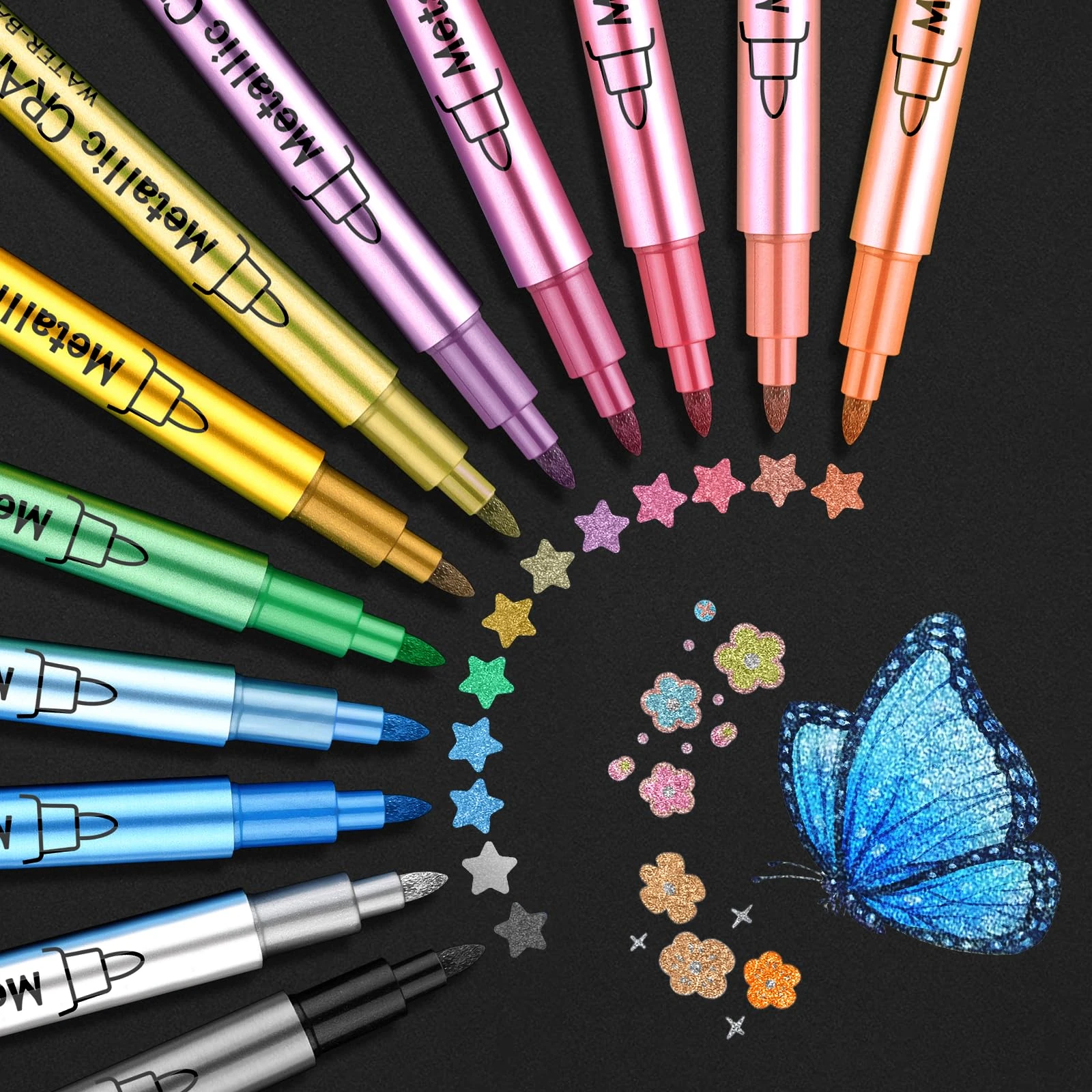Funnasting Metallic marker Pens for Black Paper, 12 Colours Metallic Pens for Colouring Books, Scrapbook Accessories, Gift Card Making, Journaling Supplies, Arts and Crafts Supplies
