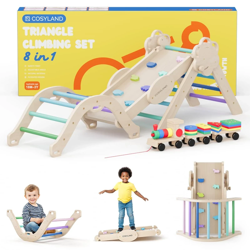 COSYLAND Indoor Climbing Frame for Toddlers – Wooden Triangle Toys with Ladder, Climbing Arch, Balance Board Climbing Toys for Kids Ages 1 - 3 (Cold Shades,M)