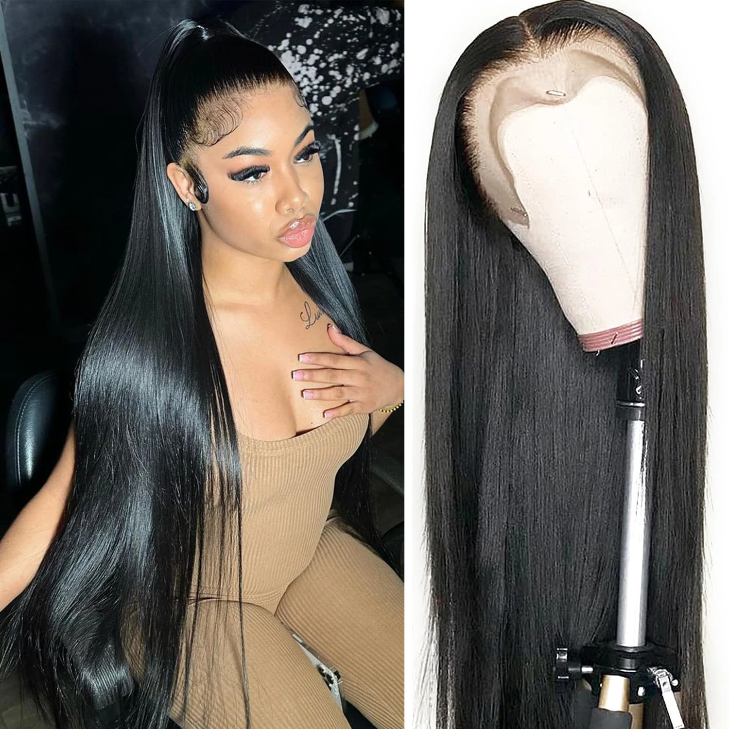 32 Inch Lace Front Wig Human Hair 200 Density 33x6 HD Lace Front Wig Human Hair Pre Plucked Glueless Human Hair Straight Lace Front Wig Human Hair Natural Color (Natural Black