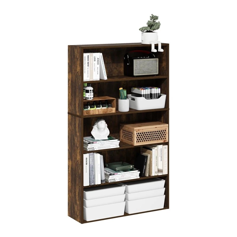 Furinno PASIR Book Shelf, 5-Tier Bookshelf, Bookcase with Open Shelf, 9.4 x 31.5 x 52.7, for Living Room, Bedroom, Home Office, Amber Pine