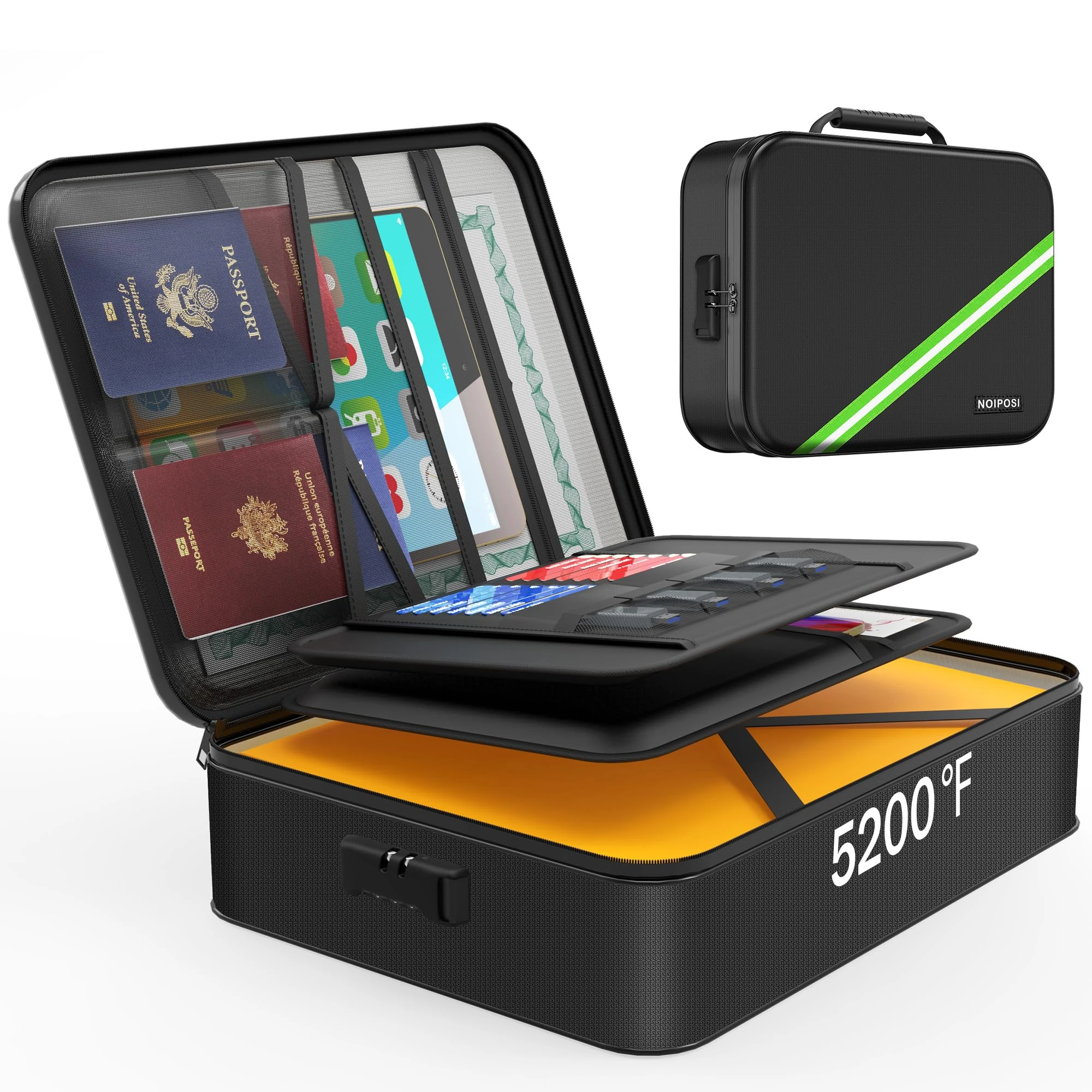 Noiposi 5200℉ Fireproof Document Box with Lock, 8 Layers Heat Insulated Fire Proof Bags,Fireproof Documents Organiser Storage Case for A4 Files, Certificates, Passports, Cash, Contract