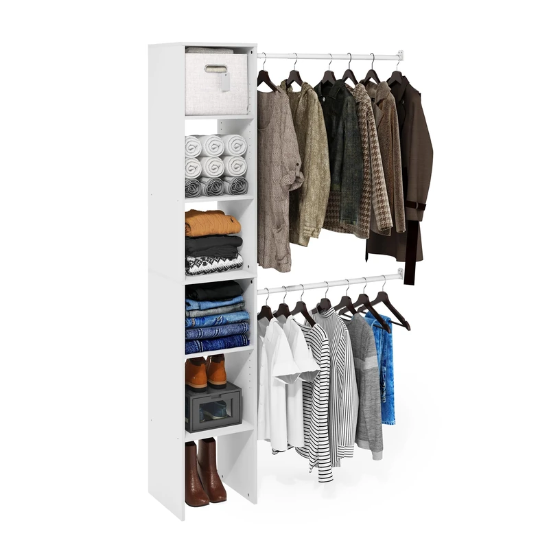 Furinno FANO Closet Organizers and Storage, Closet Storage Organizer with 2 Hanging Bars, Wardrobe Closet Shelf Towers, for Wardrobe, Bedroom, Living Room, White