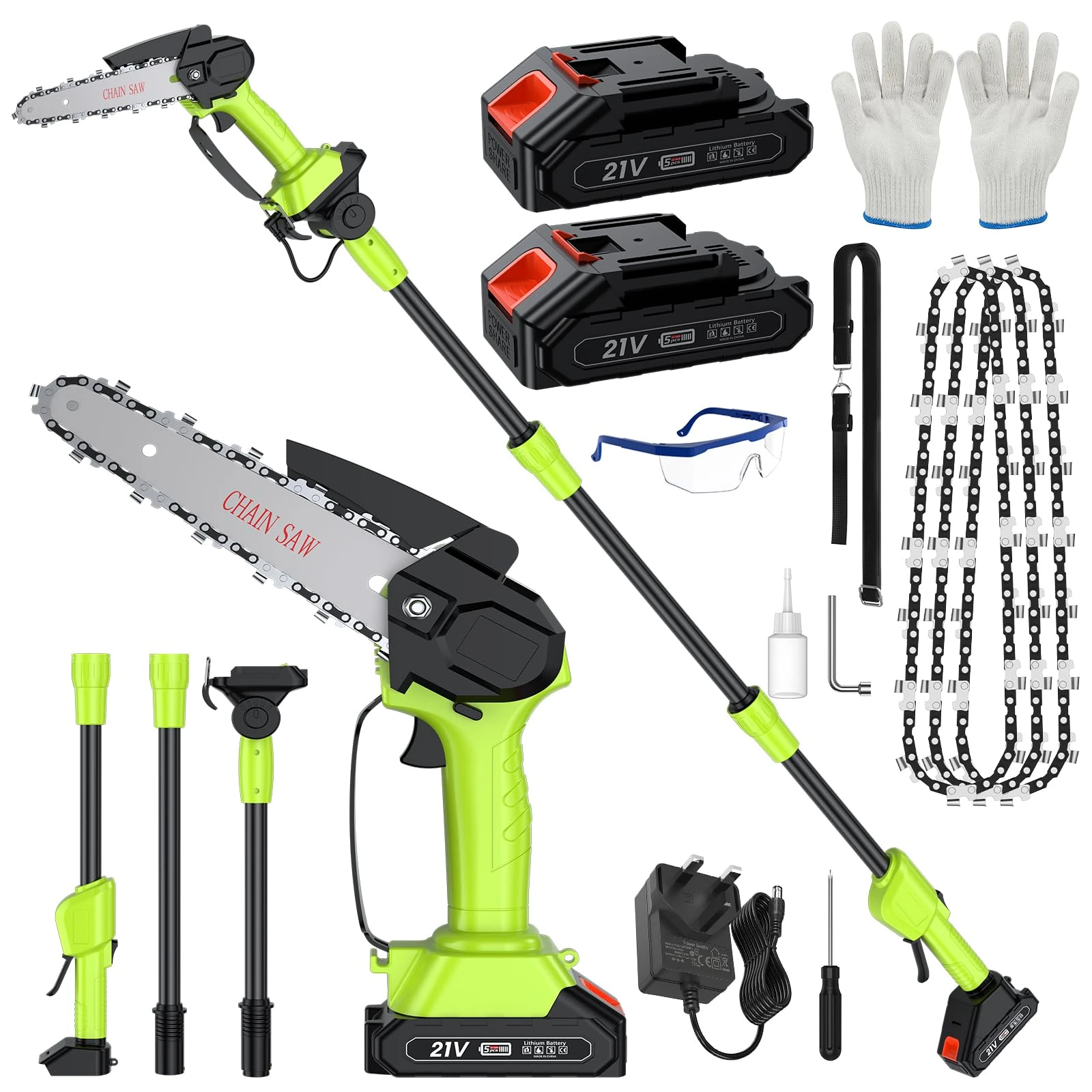 Cordless Pole Saw 5.91Ft, 2 IN 1 High Branch Saw & Handheld Chainsaw 6 Inch Rechargeable 3 Sections 1.8M Electric Extension Pole Chainsaw 90°Adjustable Head w 2 2.0 Ah Battery for Garden Tree Trimming