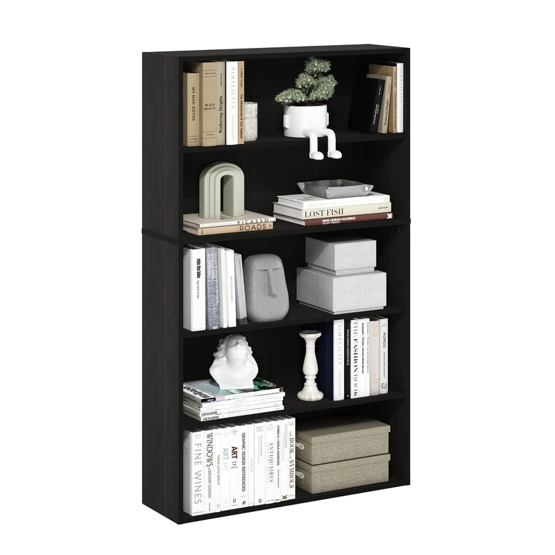Furinno PASIR Book Shelf, 5-Tier Bookshelf, Bookcase with Open Shelf, 9.4 x 31.5 x 52.7, for Living Room, Bedroom, Home Office, Espresso