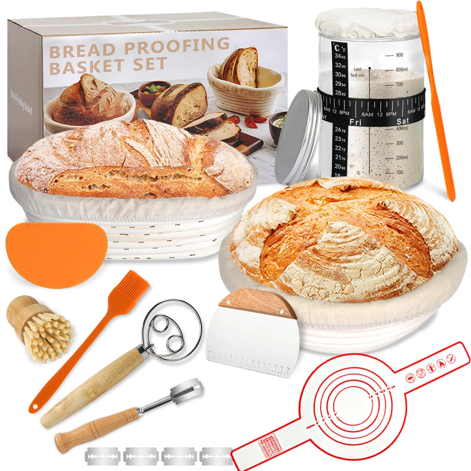Complete Sourdough Bread Starter Kit, Bread Baking Supplies, Banneton Bread Proofing Basket & Glass Sourdough Starter Jar, Bread Making Tools, Sour dough Starter Kit Gifts for Bakers Beginner