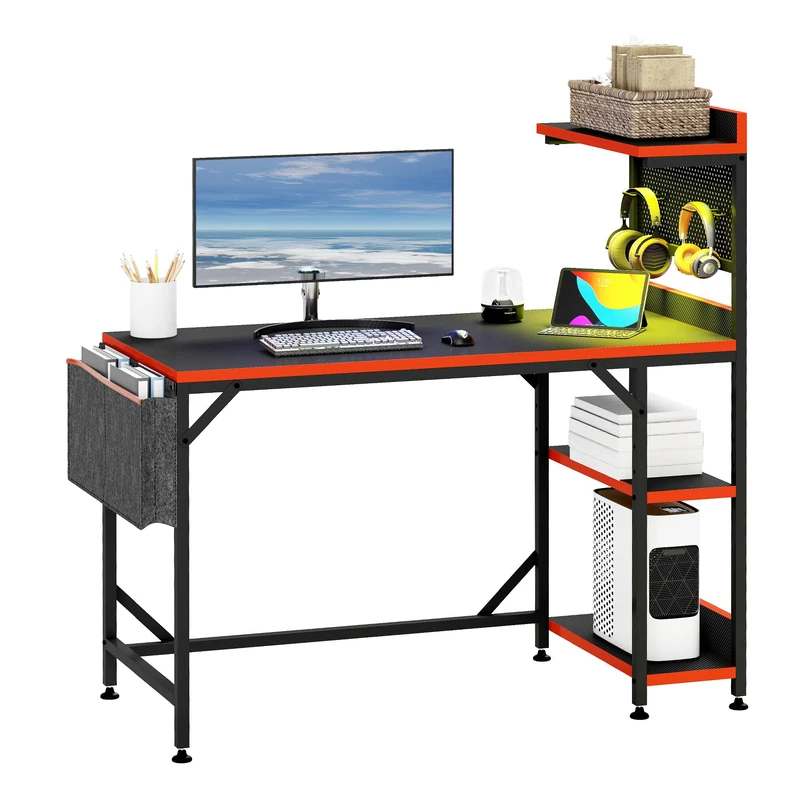 YITAHOME Computer Desk with Shelves, Corner Gaming Desk with LED Lighting Pegboard, 113CM Reversible Gamer Writing Table with Side Pocket Bag, 2 Hooks Accessories for Home Office Small Space - Image 1