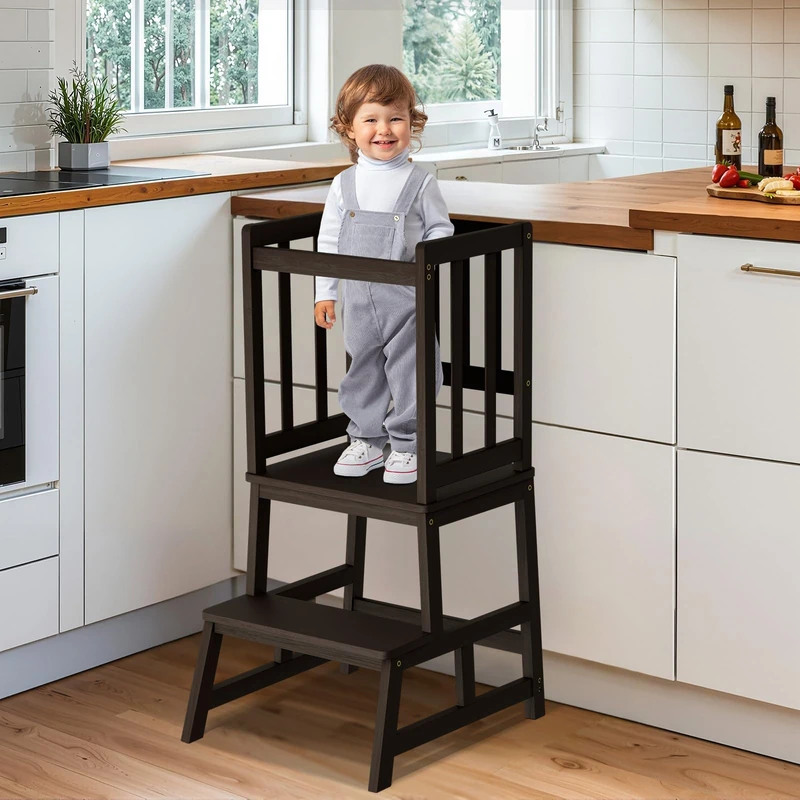COSYLAND Nursery Step Stool for Kids - Toddler Standing Tower for Kitchen Counter - Mothers' Helper Kids Learning Stool in Kitchen - A-Shaped Anti-tip Structure (Walnut)