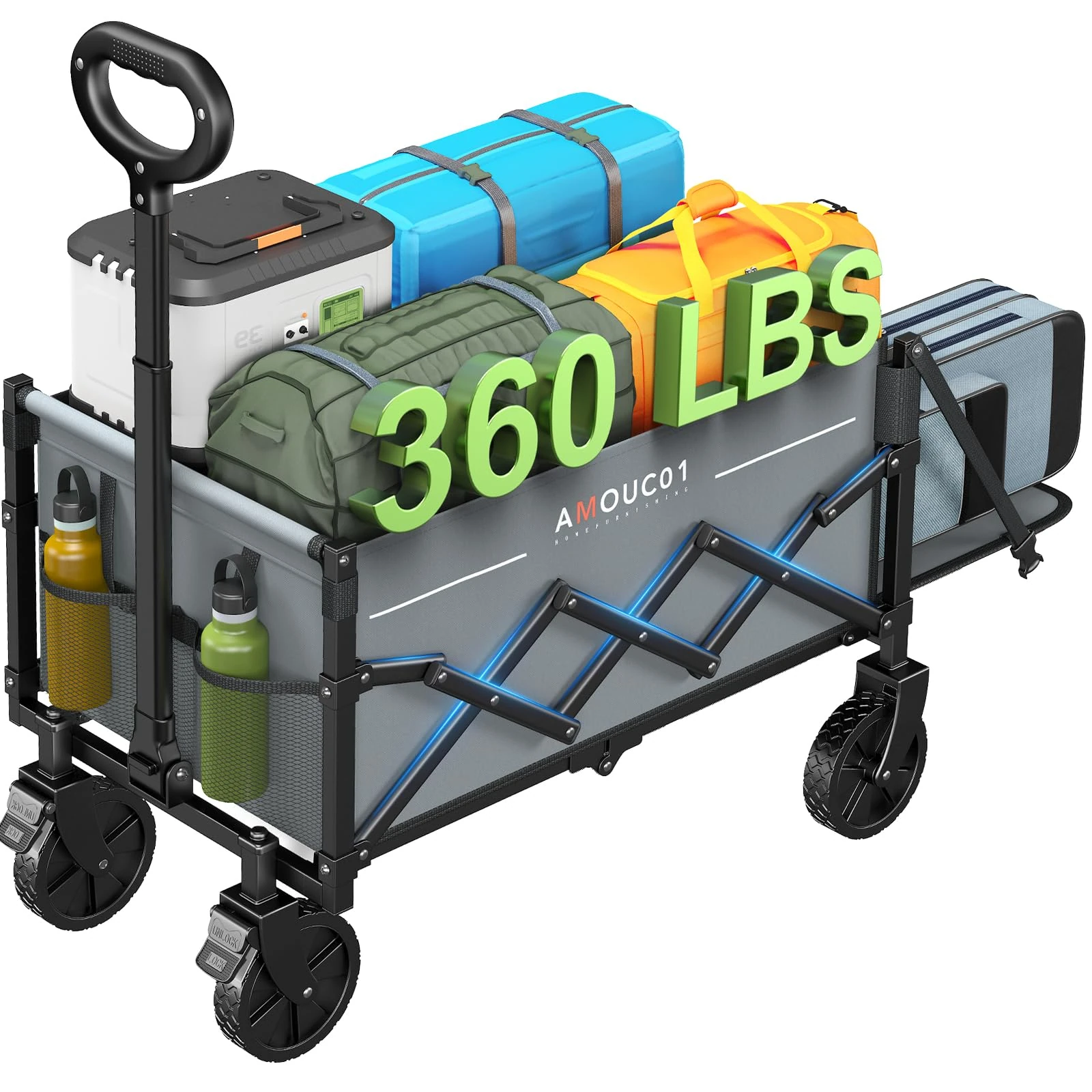 AMADA HOMEFURNISHING Trolley on Wheels, Festival Trolley with 360 LBS Max Load & Expandable Storage, Sturdy Camping Trolleys, Folding Trolleys with 2 Cup Holders for Groceries, Garden & Camping(Grey)