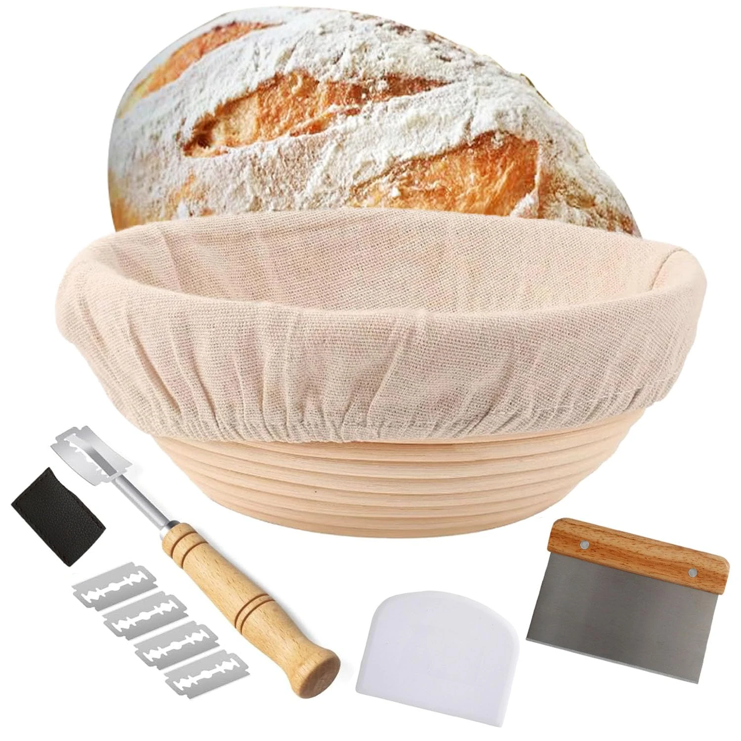 Sourdough Starter Kit Bread Proofing Basket, Round Bread Proofing Basket Set 9"/23cm, Round Banneton with Liner and Breads Making Tools Handmade, Natural Rattan Bread Making Accessories