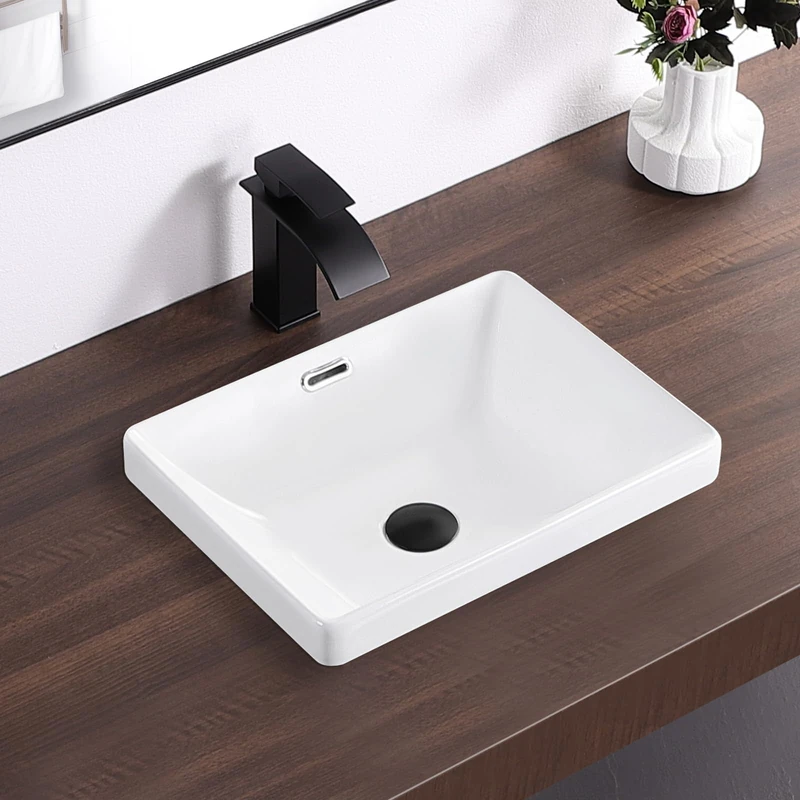 KARAMAG Small Bathroom Vessel Sink 16.8'' x 12.6'' Semi Recessed Bathroom Sink Rectangular Drop-in Vanity Sink with Overflow White Ceramic Modern Art Basin