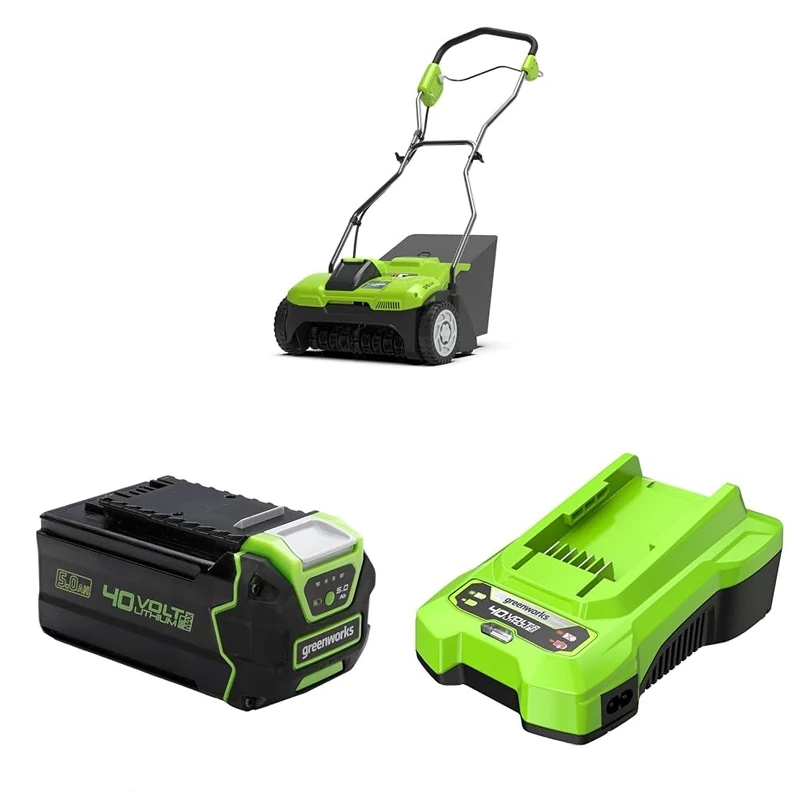 Greenworks 40V Cordless Lawn Rake Dethatcher, 3600rpm, 36cm Working Width Includes 5Ah Battery 30L collecter bag