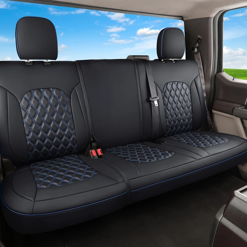 Huidasource Custom Fit Ford F150 Rear Bench Split Leather Seat Covers Fit for 2015-2024 F150 SuperCrew & 2017-2024 F250 F350 F450 Super Duty Crew Cab Pickup King Ranch Platinum(Back Row/Black&Blue)