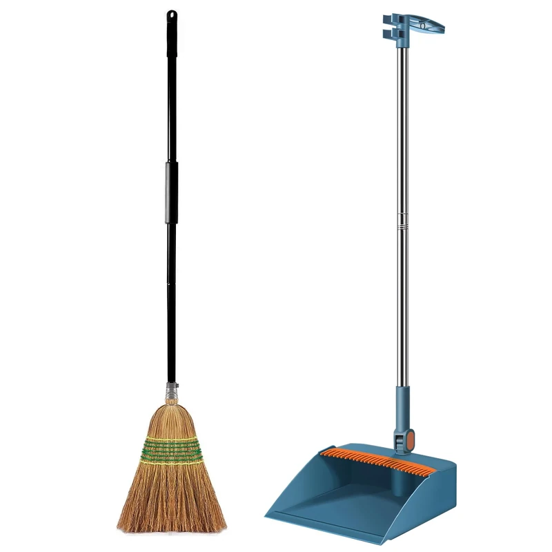 Woobroo Dustpan and Brush Set Long Handled, Indoor Outdoor Broom,Heavy-Duty Corn Broom Commercial Dustpan Set for Outdoor Cleaning
