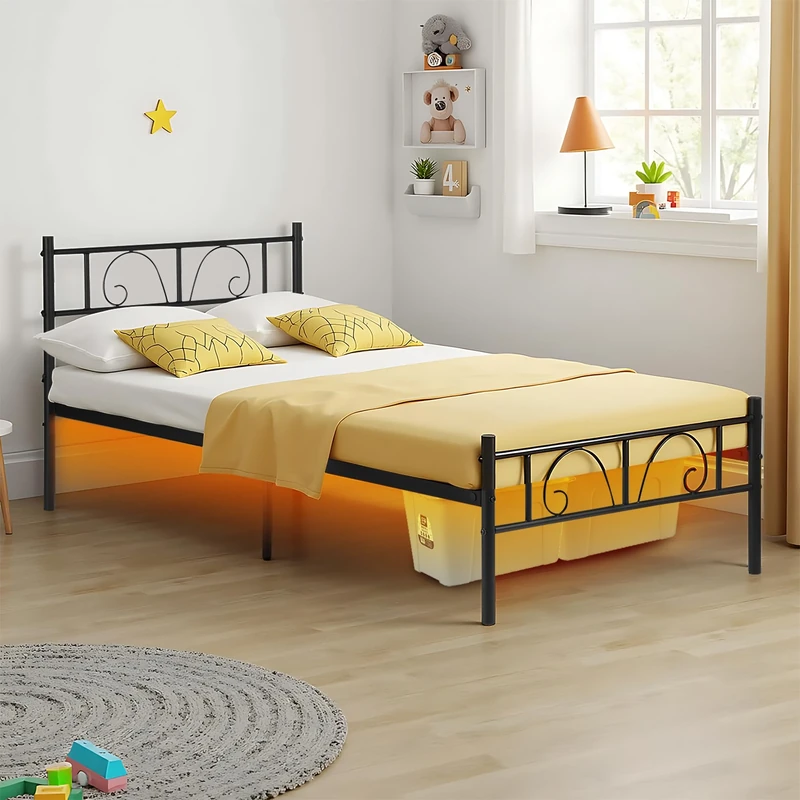 FurnitureR Metal Platform Bed Frame Solid Bedstead Base with Crochet-design Headboard Footboard, Underbed Storage Space Fits for Teenagers/Adults, Black(Single/Double) (3ft single+LED)