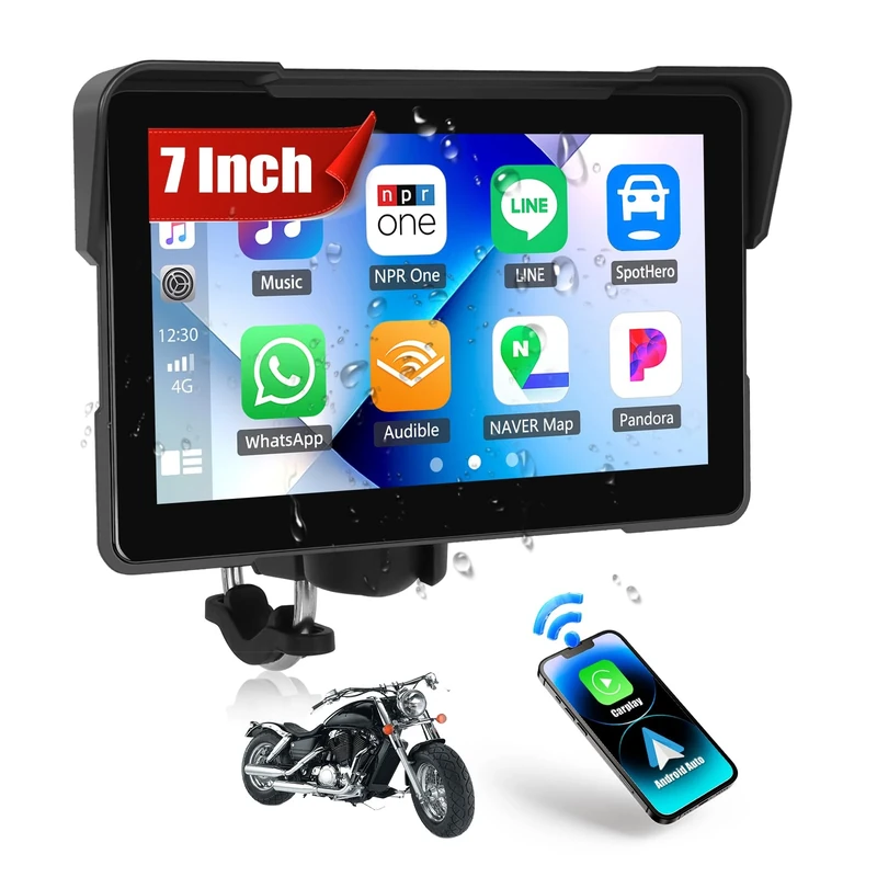 CAMECHO 7" Motorcycle Carplay Screen, Wireless Car Play Android Auto Screen, Portable Car Stereo for Motorbike, IP67 Waterproof Touchscreen, Helmet Bluetooth, Siri Voice Control, Mirror Link
