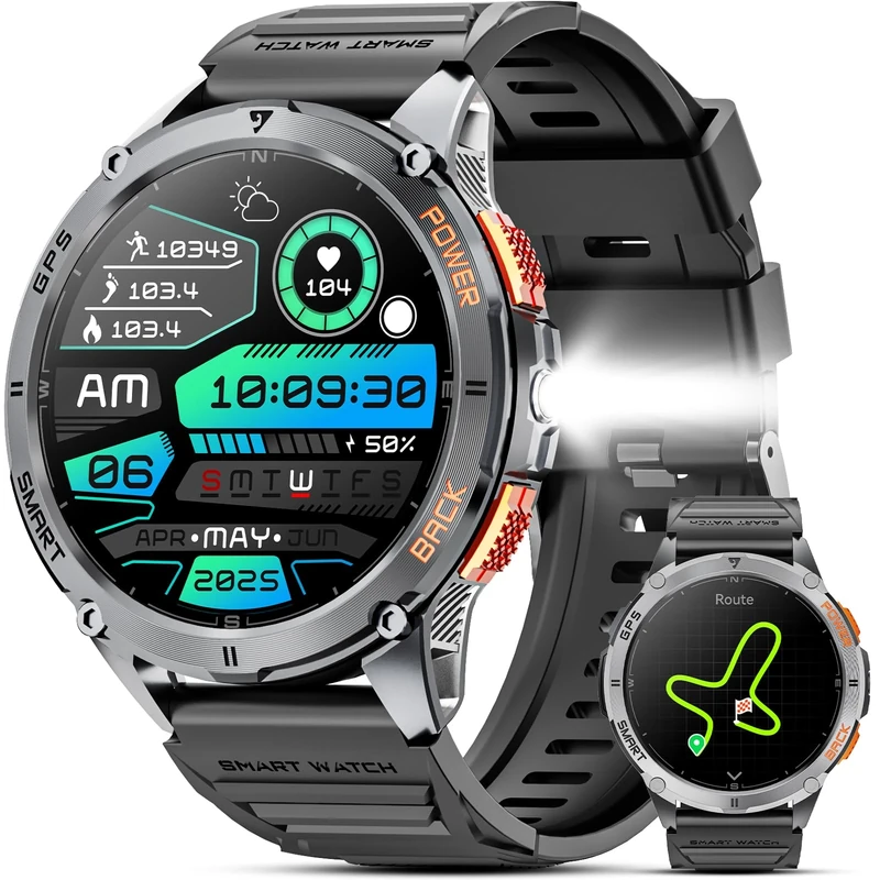 GPS Smart Watch for Men, 1.43''AMOLED Smartwatch with Answer/Make Call, 170 Sports Modes, Compass, LED Flashlight, Heart Rate, Stress Monitor Sports Watch, IP68 Waterproof Watch for Android iOS