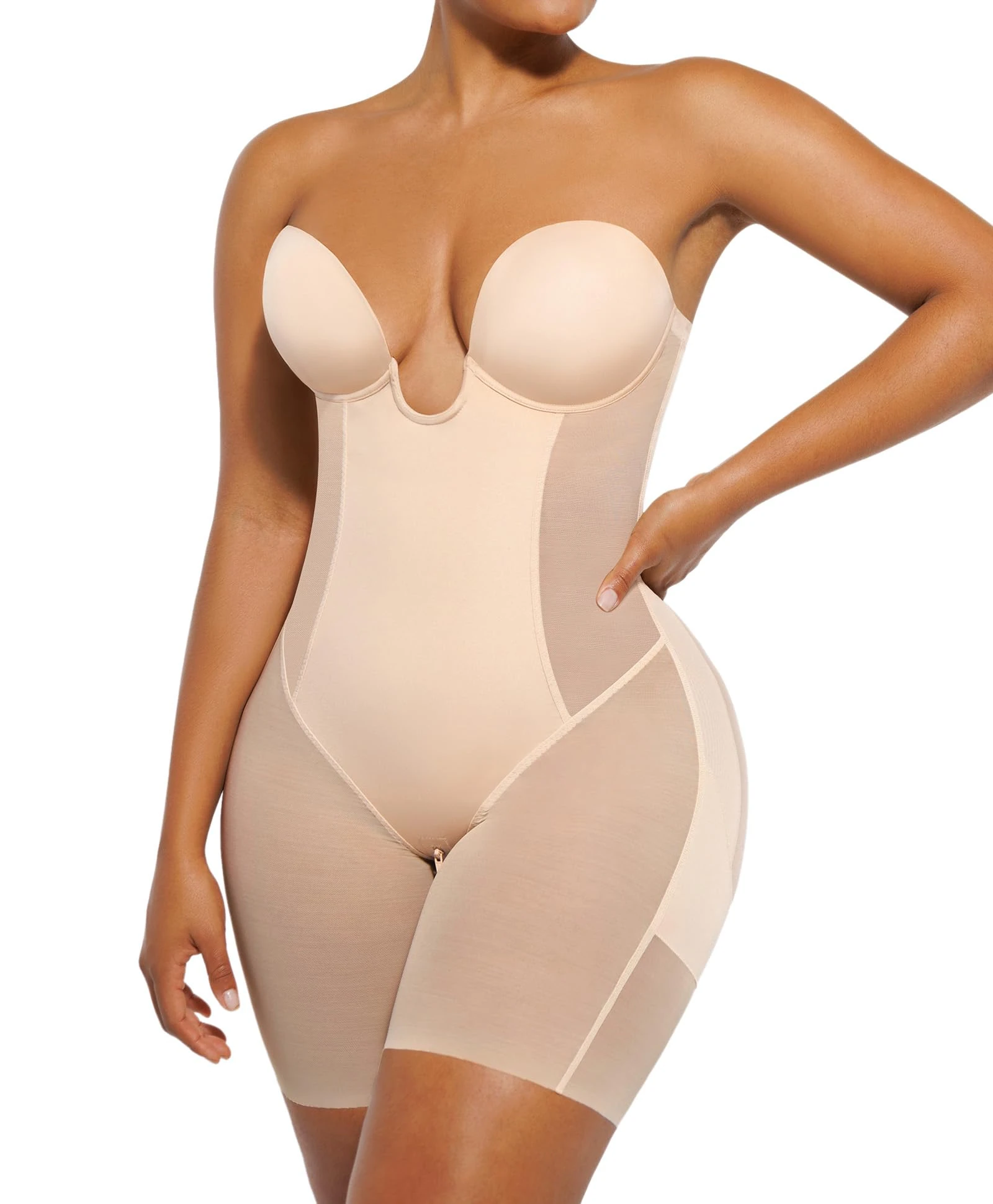SHAPELLX Strapless Shapewear for Women Deep Plunge Corset Tummy Control Backless Bodysuit Mid Thigh Full Body Shaper, 02-beige-standard Cup (B-d), X-Large