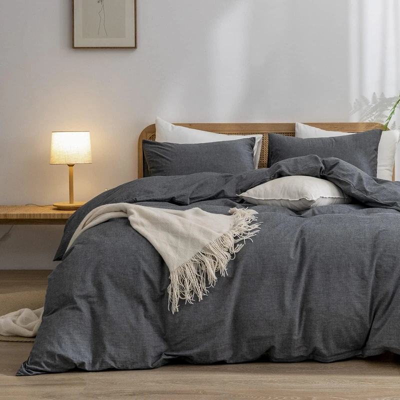 BESTOUCH Cotton Solid Duvet Cover Set Linen Feel Dark Black Oversized Full