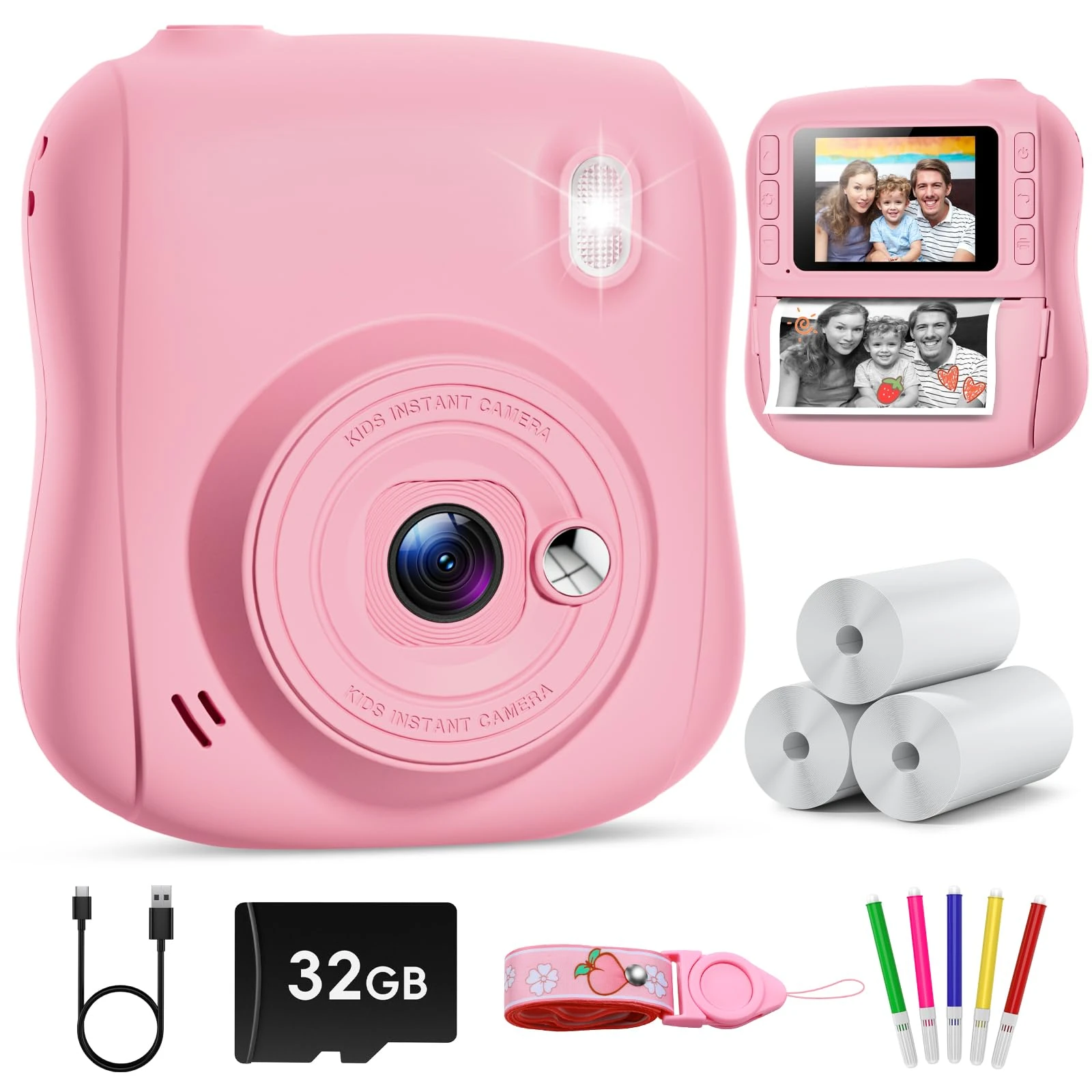 Hangrui Kids Camera Instant Print, HD Instant Camera for Kids with 32GB Card & Print Paper, 14MP 1080P Kids' Digital Cameras, Christmas Birthday Gifts Toy for Girls & Boys Aged 3-10 -Pink