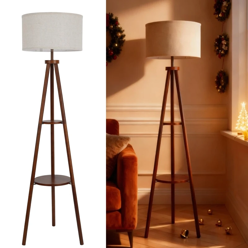 LuminexDesigns Tripod Floor Lamp with Linen Lampshade, 2-Tier Storage Shelf Standing Lamp with Foot Switch, Smart Bulb Compatible, Floor Standing Lamp for Living Room and Bedroom（ Bulb Not Included）