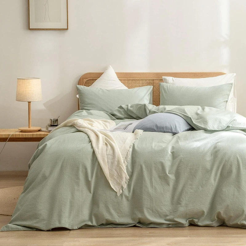 BESTOUCH Cotton Solid Duvet Cover Set Linen Feel Sage Green Oversized Full