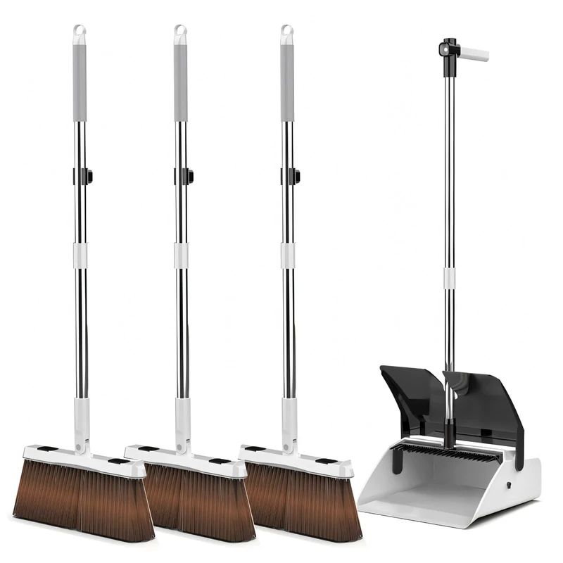 Woobroo Long Handled Dustpan and Brush Set,Upright Broom with Soft Bristles & Durable Dustpan for Indoor and Outdoor Cleaning,Perfect Dust Pan and Brush Combo for Home Efficient Cleaning-3Pack