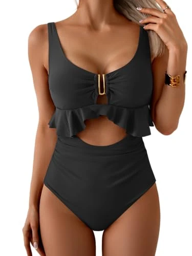 B2prity One Piece Swimsuit - Tummy Control, Ruffle Tie Back, Black