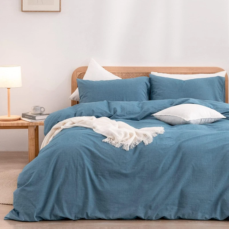 BESTOUCH Cotton Solid Duvet Cover Set Linen Feel Dark Blue Oversized Full