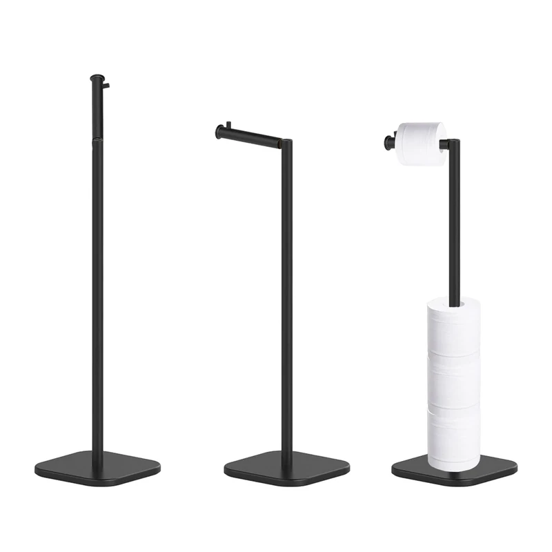 Toilet Roll Holder Free Standing with Heavy Duty Base, Stainless Steel Toilet Roll Holder for 6 Rolls, Stylish Chrome Finish, Practical Design Toilet Roll Storage Stand for Bathroom (Black)